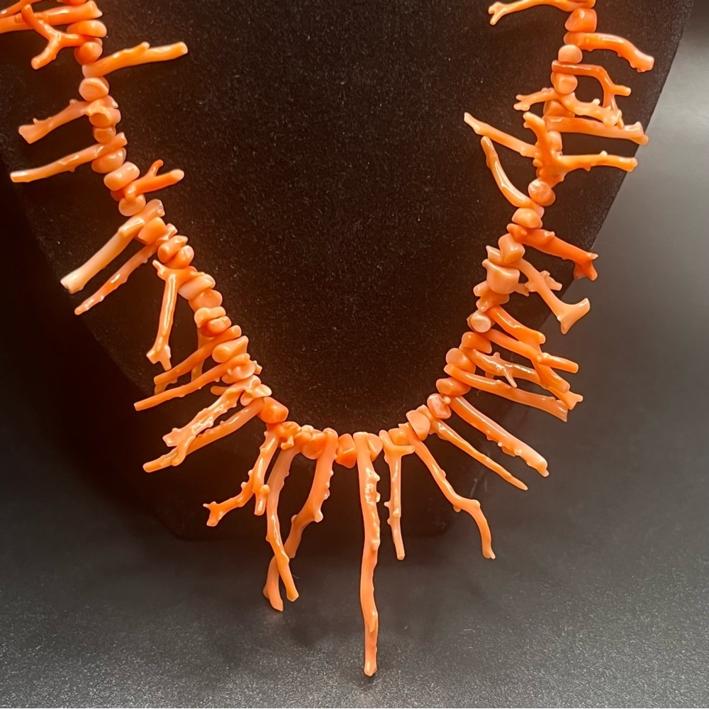 Natural branch coral necklace orange coral fringe statement. Vintage - Picture 3 of 10